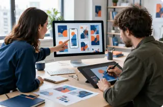 Deux professionnels collaborent sur des créations pour réseaux sociaux dans un studio de design lumineux.